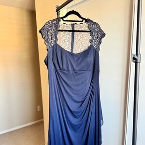XSCAPE Women's Blue Chiffon Lace Trim Collar Evening Gown